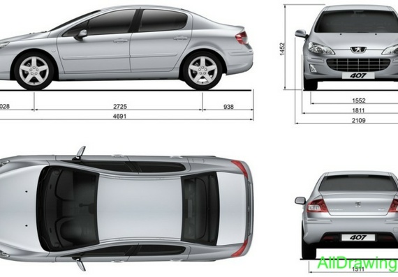Peugeot 407 (2008) (Пежо 407 (2008)) - чертежи (рисунки) автомобиля